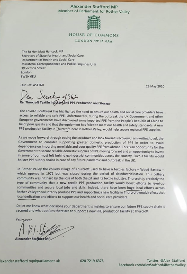 Letter supporting PPE production in Thurcroft