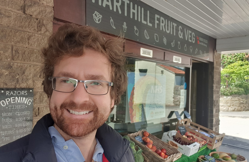 Alexander Stafford MP outside Harthill fruit and veg shop
