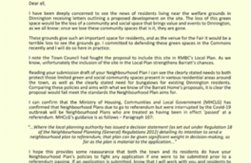 Letter Alexander Stafford sent to Dinnington Town Council about opposition to development