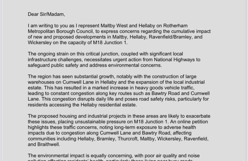 Page 1 of letter to National Highways