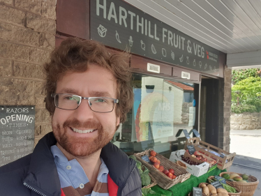 Alexander Stafford MP outside Harthill fruit and veg shop
