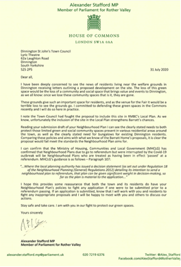 Letter Alexander Stafford sent to Dinnington Town Council about opposition to development