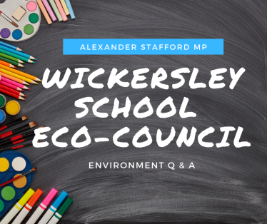 Graphic displaying details of Alexander Stafford MP eco council Q&A