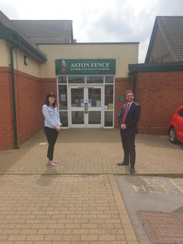 Alexander Stafford MP outside Aston Fence School