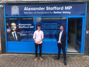 Alexander and Josh stand in front of Alexander's office in Dinnington
