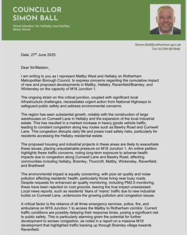 Page 1 of letter to National Highways